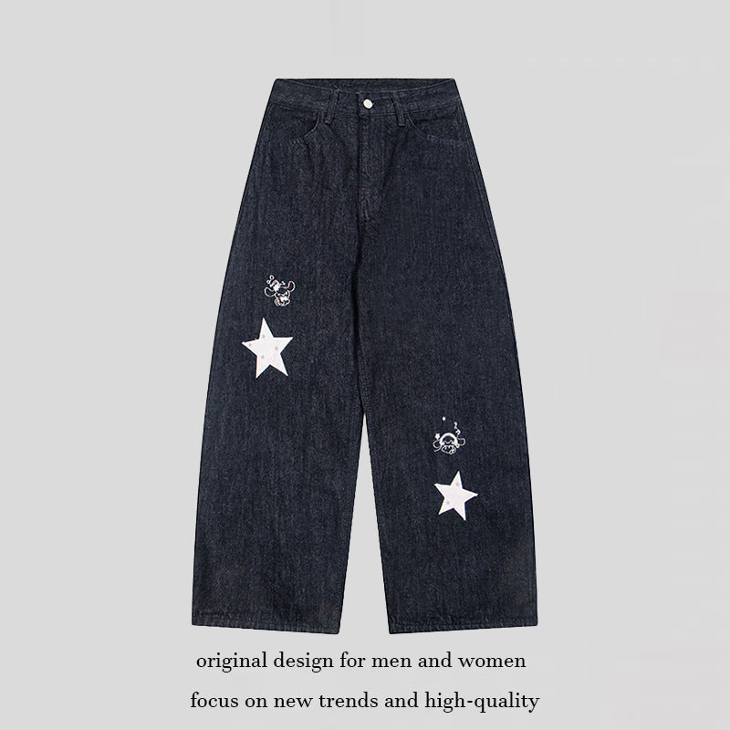 Damen Weite Denim-Palazzo-Jeans mit hohem Bund, Stern-Applikationen und Illustrativen Patches Nord Taschen