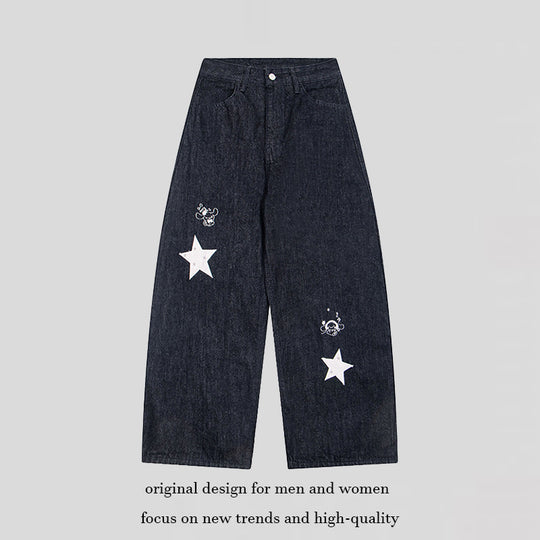 Damen Weite Denim-Palazzo-Jeans mit hohem Bund, Stern-Applikationen und Illustrativen Patches Nord Taschen