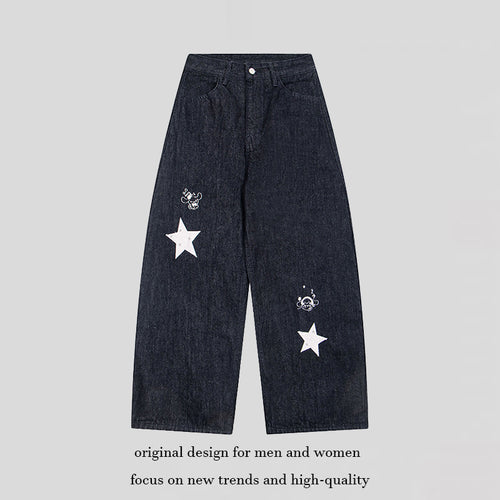 Damen Weite Denim-Palazzo-Jeans mit hohem Bund, Stern-Applikationen und Illustrativen Patches Nord Taschen
