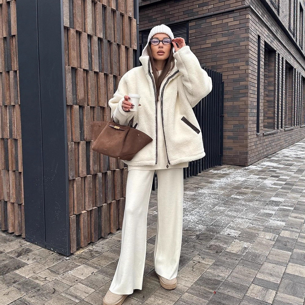 Damen Teddy-Fleece Oversize-Jacke mit hohem Stehkragen, kontrastierter Reißverschlussleiste und Eingrifftaschen Nord Taschen