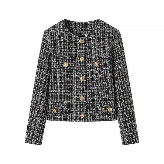 Damen Bouclé-Tweed-Jacke mit Rundhalsausschnitt, goldenen Zierknöpfen und aufgesetzten Taschen Nord Taschen