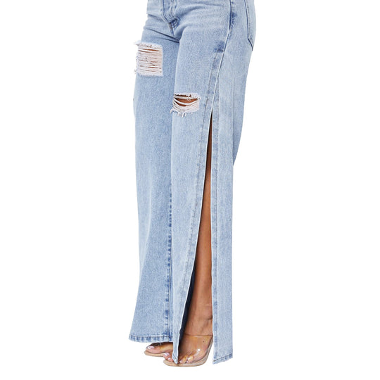 Damen weite High-Waist-Jeans mit seitlichen Beinschlitzen, Destroyed-Knie und formendem Bund Nord Taschen