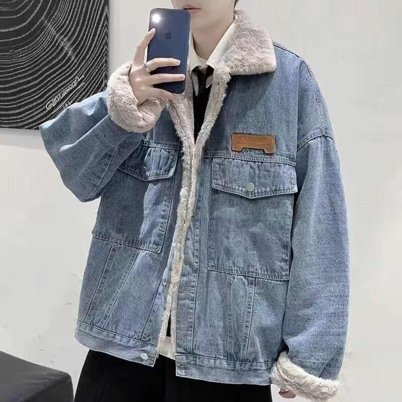 Herren Gefütterte Oversized Denimjacke mit Teddyfutter und Pattentaschen Nord Taschen