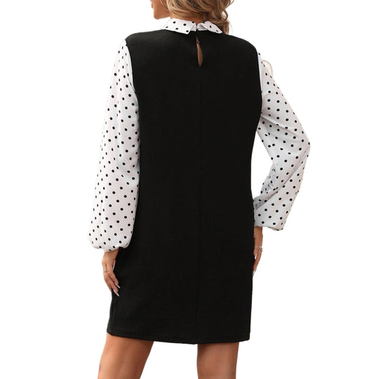 Damen Kontrastblusenkleid mit gepufften Polka-Dot-Ärmeln und Hemdkragen Nord Taschen