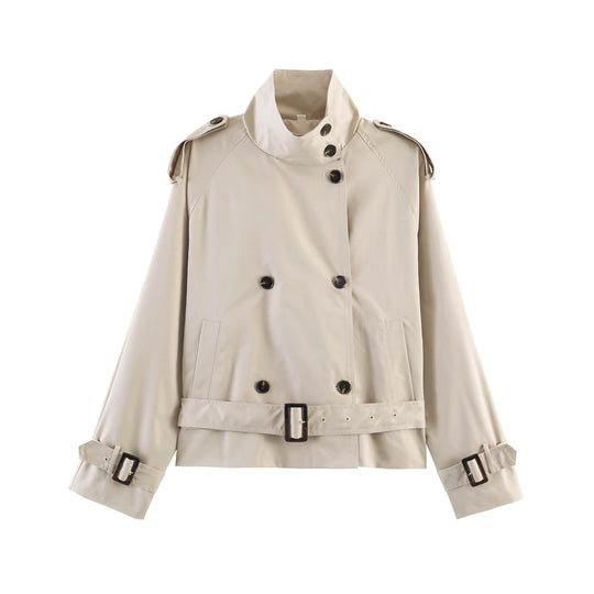Damen gekürzte Trenchjacke mit Stehkragen doppelter Knopfreihe und Taillengürtel Nord Taschen