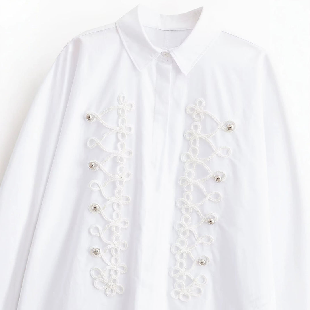 Damen Bluse mit dekorativen Froschverschlüssen und Zierkordeln Nord Taschen