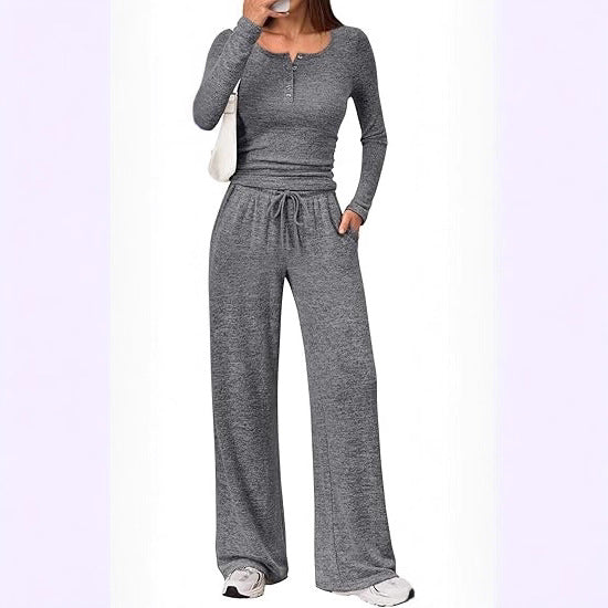 Damen Zweiteiliges Feinstrick-Lounge-Set mit Henley-Top und Palazzo-Hose Nord Taschen