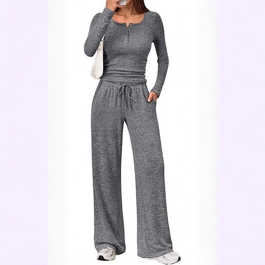 Damen Zweiteiliges Feinstrick-Lounge-Set mit Henley-Top und Palazzo-Hose Nord Taschen