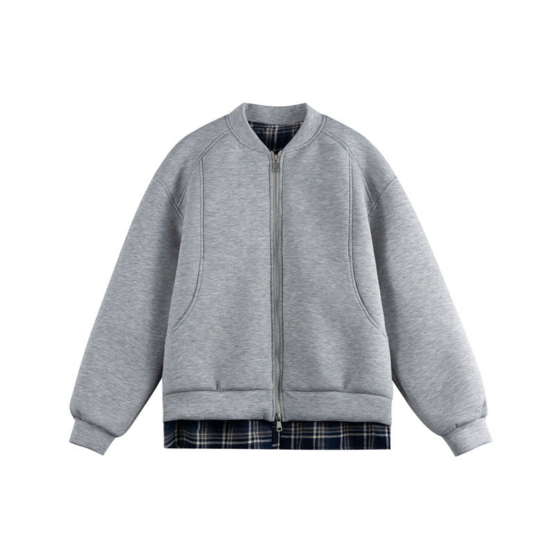 Damen Zwei‑in‑Eins Bomber‑Sweatjacke mit Karo‑Layer‑Einsatz und Stehkragen Nord Taschen