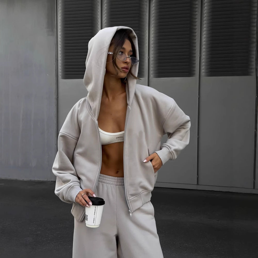 Damen extraweites Relaxed-Fleece-Set mit überlanger Kapuzenzipjacke und fließender Hose mit hohem Bund Nord Taschen