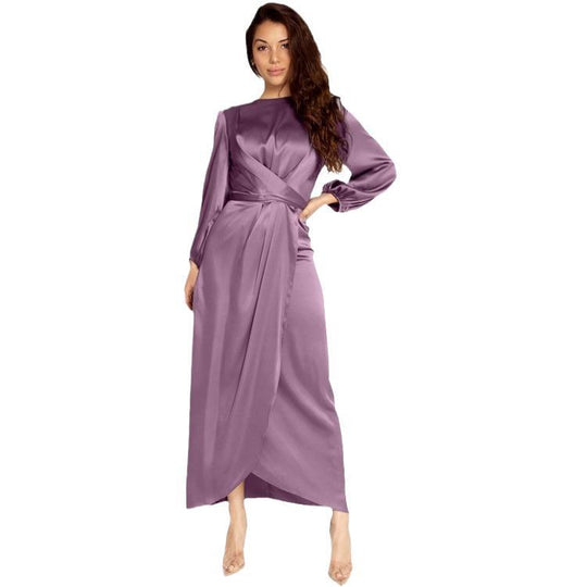 Damen Elegantes Maxikleid aus Satin mit Wickel-Detail, Langarm und Taillenband Nord Taschen