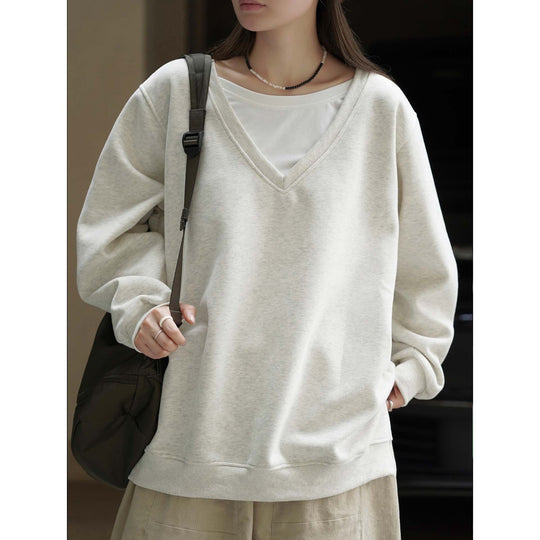 Damen V-Ausschnitt Sweatshirt im Relaxed‑Fit aus Baumwollmix Nord Taschen