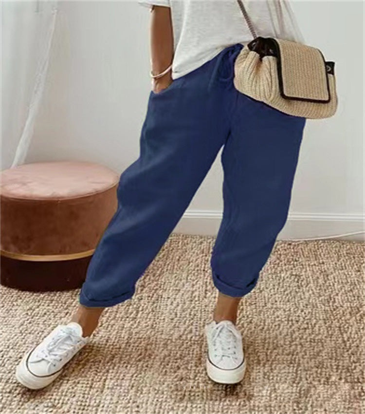 Damen Lässige Leinen-Joggerhose mit hohem Bund, Tunnelzug und gekrempeltem Saum Nord Taschen