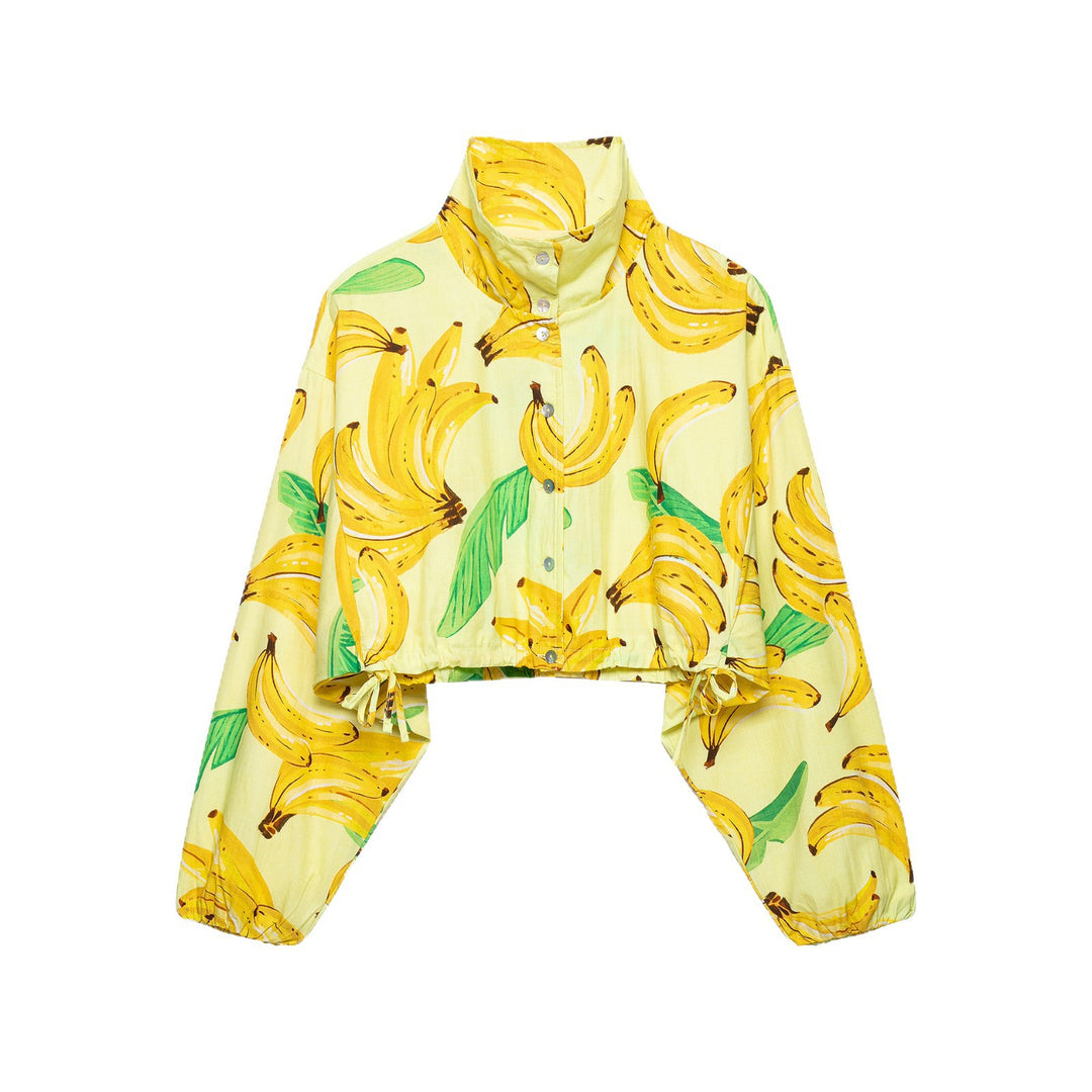 Damen Kurzbluse im Cropped-Boxy-Schnitt mit Banane‑Print, hohem Stehkragen und Tunnelzugsaum Nord Taschen