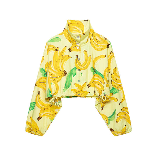 Damen Kurzbluse im Cropped-Boxy-Schnitt mit Banane‑Print, hohem Stehkragen und Tunnelzugsaum Nord Taschen