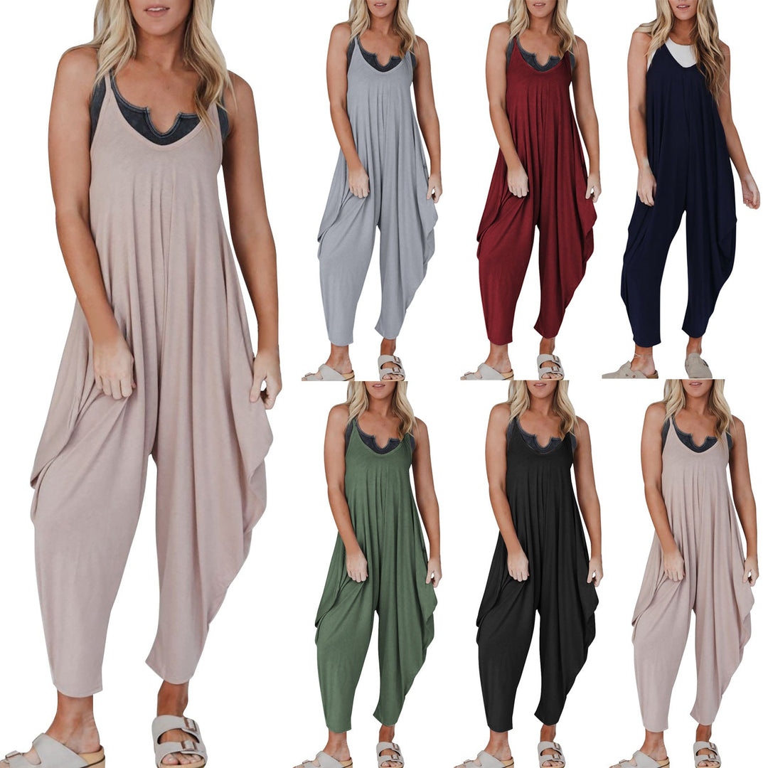 Damen bequemer Jumpsuit mit lässigem Schnitt und tiefem V-Ausschnitt Nord Taschen