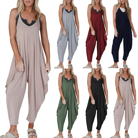 Damen bequemer Jumpsuit mit lässigem Schnitt und tiefem V-Ausschnitt Nord Taschen