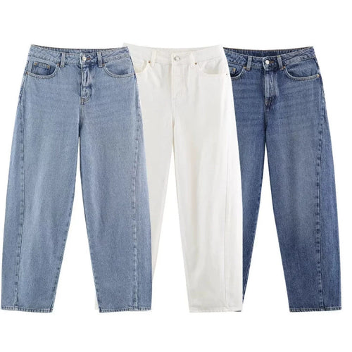Damen High‑Waist Relaxed‑Fit Mom‑Jeans mit weitem Bein und 5‑Pocket Nord Taschen