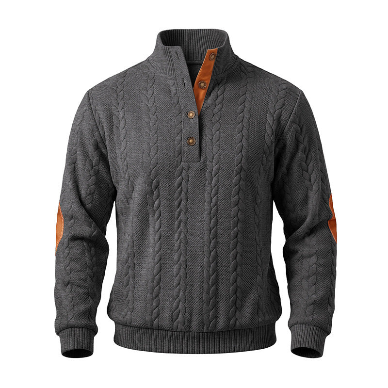 Herren Edler Zopfmuster-Strickpullover mit Kurzknopfleiste und Ellenbogenpatches Nord Taschen