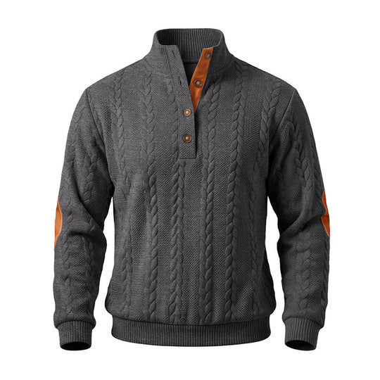 Herren Edler Zopfmuster-Strickpullover mit Kurzknopfleiste und Ellenbogenpatches Nord Taschen
