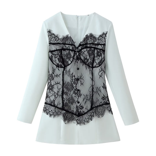 Damen Elegante Bluse mit Spitzen‑Corset‑Applikation und V‑Ausschnitt Nord Taschen