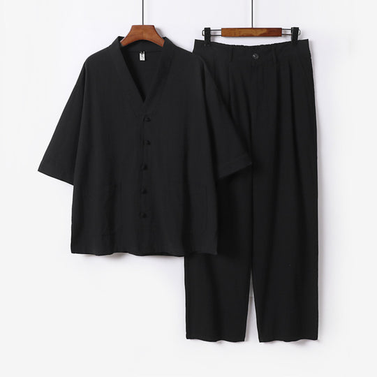 Unisex Zen-inspiriertes Relax-Set mit Kurzarm-Kimono-Oberteil, verdeckter Knopfleiste und elastischer Bundhose Nord Taschen