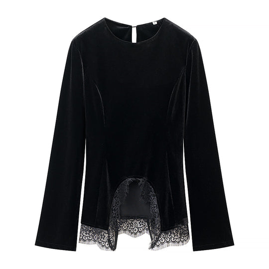 Damen Samtbluse mit Spitzen-Insert und asymmetrischem Spitzensaum Nord Taschen