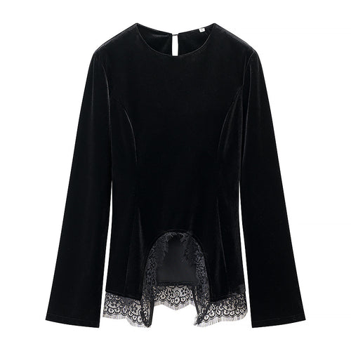 Damen Samtbluse mit Spitzen-Insert und asymmetrischem Spitzensaum Nord Taschen