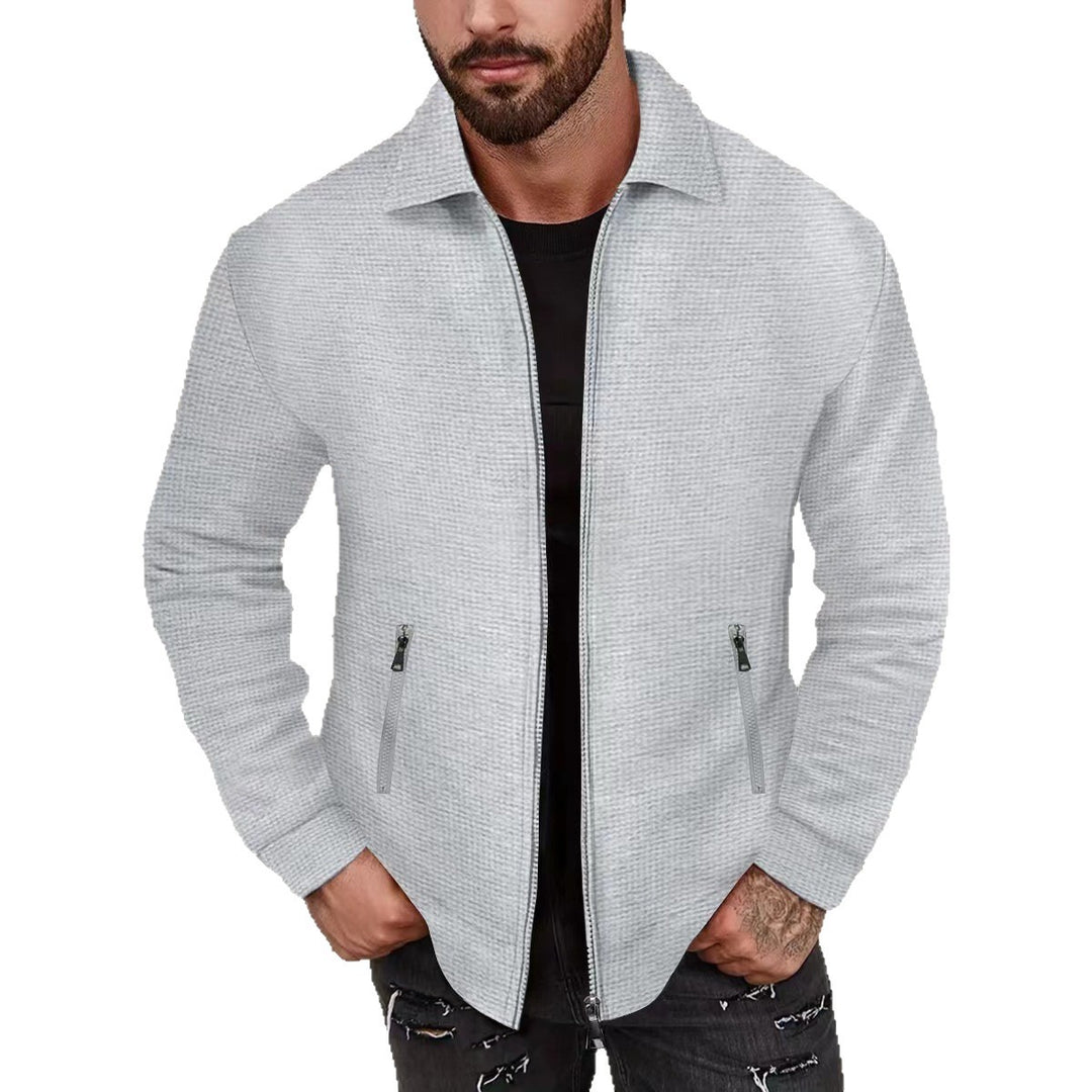 Herren minimalistische Stehkragen-Feinstrick-Übergangsjacke mit Zwei-Wege-Reißverschluss und verdeckten Reißverschlusstaschen Nord Taschen
