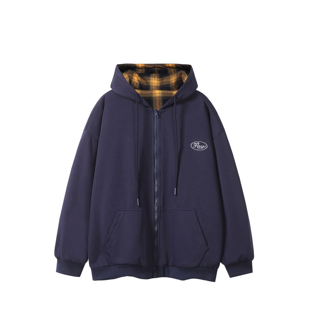 Unisex Oversize-Kapuzenzipjacke mit karierter Kapuzenfütterung und Kängurutaschen Nord Taschen