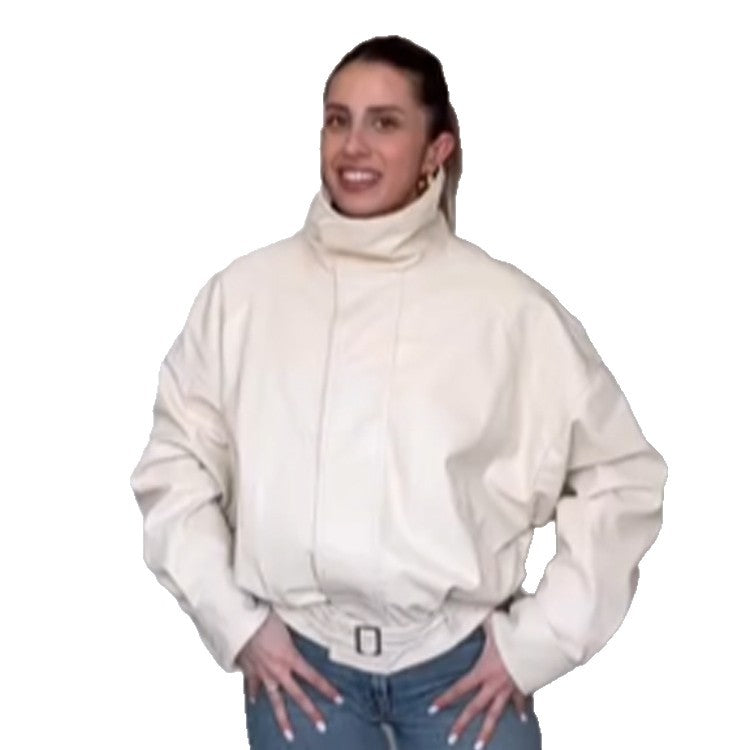 Damen Oversize Kurzjacke mit hohem Stehkragen, wattierter Silhouette und taillierbarem Gürtel Nord Taschen