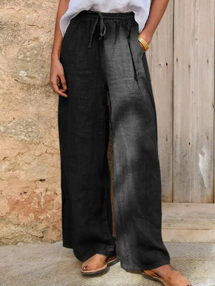 Damen Hochgeschnittene Leinenpalazzo-Hose mit Kordelzug und weitem Bein Nord Taschen