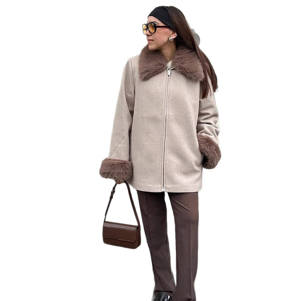 Damen Eleganter Kurzmantel aus Wollmix mit abnehmbarem Webpelzkragen und verdecktem Zweiwege-Reißverschluss Nord Taschen