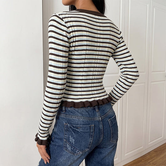 Damen Figurbetontes geripptes Cropped-Longsleeve mit Volantkante und feinem Streifenmuster Nord Taschen