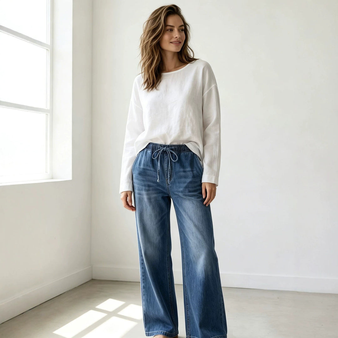 Damen Relaxed-Fit Denim-Hose mit elastischem Tunnelzugbund, dezentem Used-Effekt und weitem Bein Nord Taschen