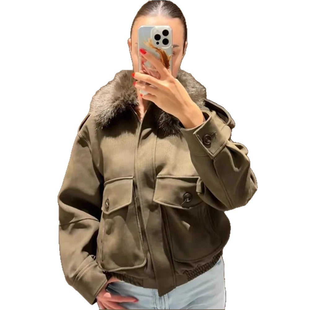 Damen Pilotjacke aus Veloursimitat mit abnehmbarem Webpelzkragen und aufgesetzten Pattentaschen Nord Taschen