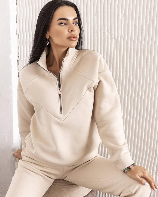Damen Zweiteiliges Sweat-Loungewear-Set mit Troyer-Reißverschluss und elastischer Jogginghose Nord Taschen