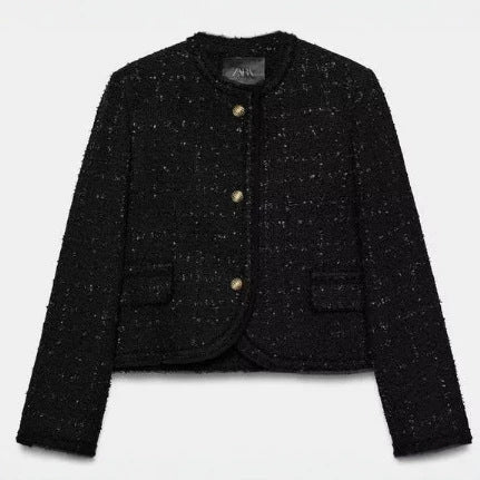 Damen Kurztaillierte Bouclé‑Tweed‑Kastenjacke mit runden Kanten, goldenen Zierknöpfen und aufgesetzten Taschen Nord Taschen