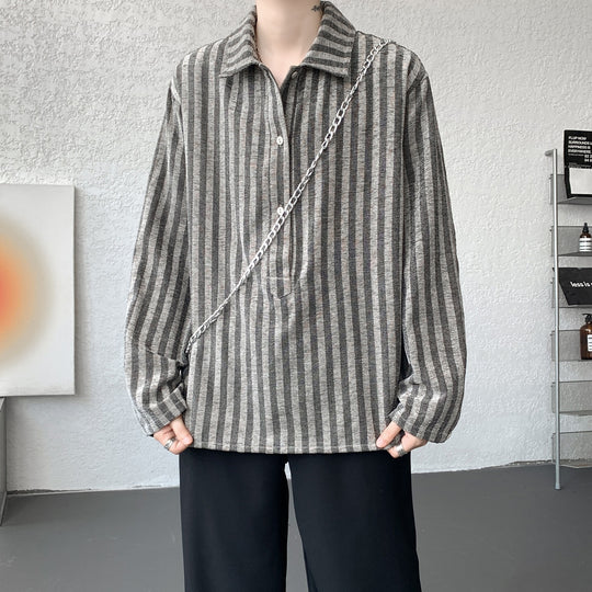 Herren Oversize Langarm-Hemd mit Polokragen, gestreifter Struktur & halber Knopfleiste Nord Taschen