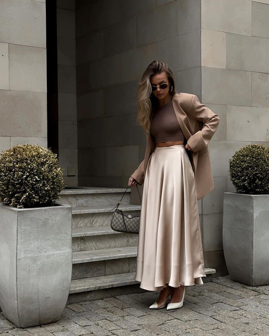 Damen Fließender Satin-Midirock mit hohem Bund und Tellerfalten Nord Taschen