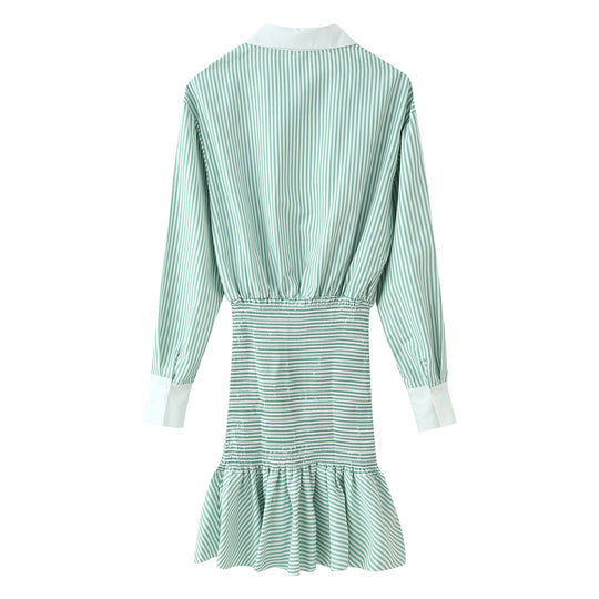 Damen Gestreiftes Hemdblusenkleid mit Taillen-Smokung, Schößchen und Kontrastkragen Nord Taschen