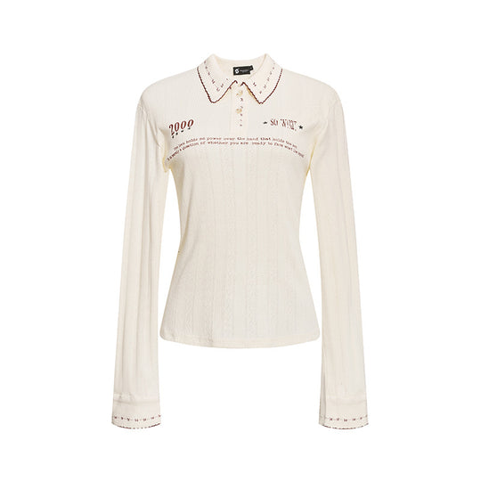 Damen Feines Rippstrick-Poloshirt mit Spitzkragen, Knopfleiste und Zierstickerei Nord Taschen