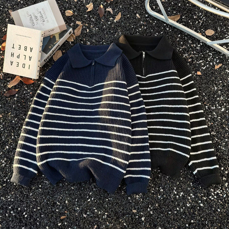 Unisex Grobgestrickter Oversize-Pullover mit halbem Reißverschluss und Polokragen Nord Taschen