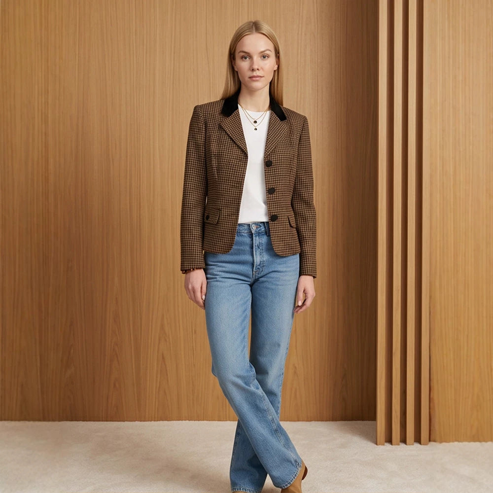 Damen Taillierter Hahnentritt-Blazer mit Samtkragen und Zweiknopfleiste Nord Taschen