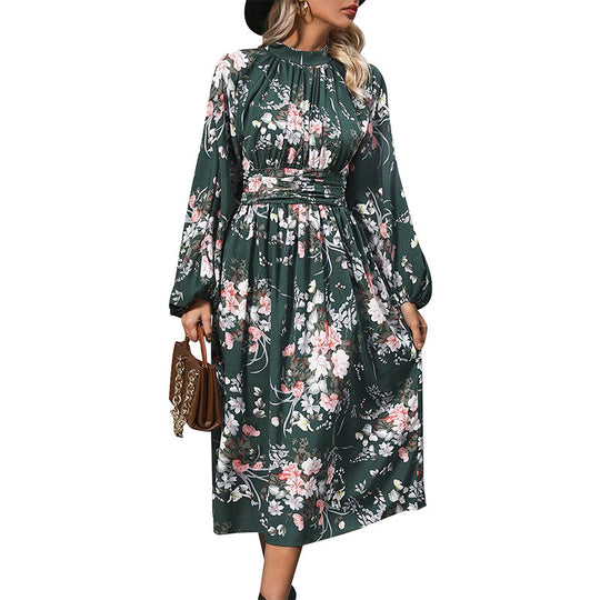 Damen Midikleid mit floralem Alloverprint, Stehkragen und Drapiertem Taillengürtel Nord Taschen