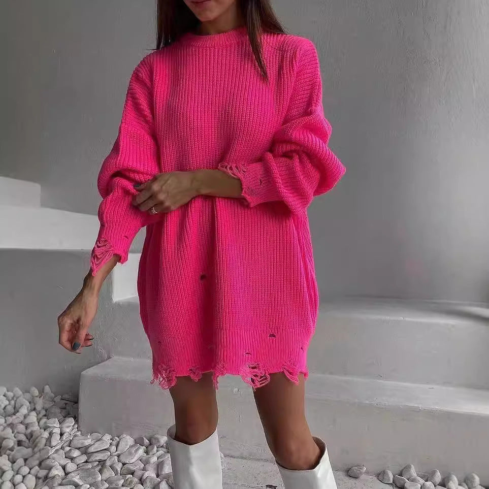 Damen Oversized Strickkleid mit Destroyed-Saum und Ballonärmeln Nord Taschen