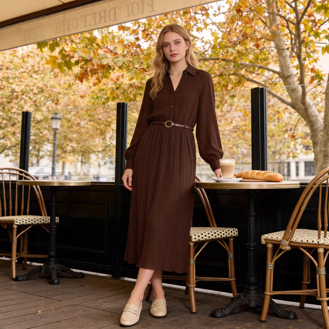 Damen Plissiertes Hemdkleid mit Ballonärmeln, verdeckter Knopfleiste und Taillengürtel Nord Taschen