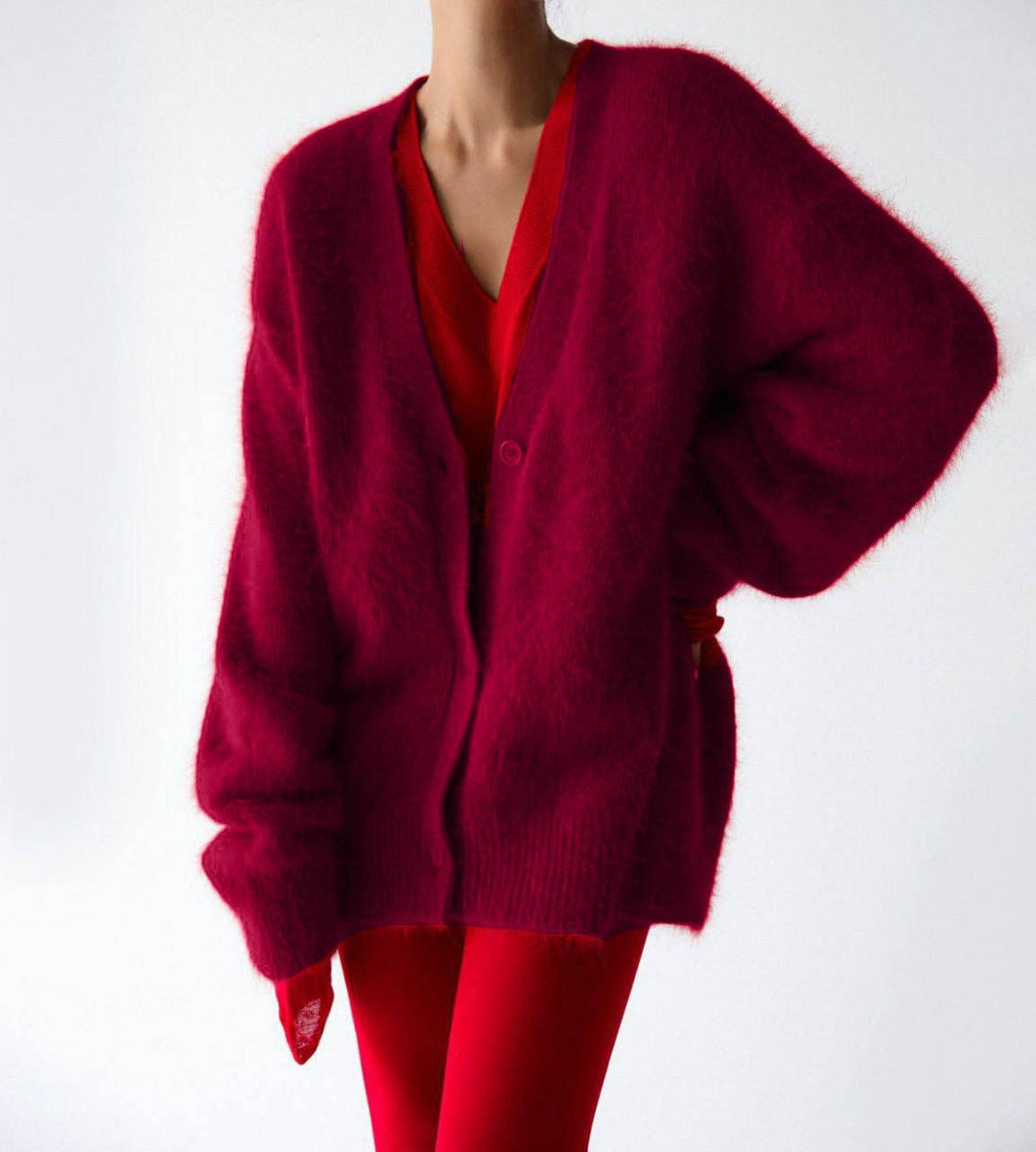 Damen Flauschige Mohair-Optik Strickjacke mit V-Ausschnitt und Oversize-Schnitt Nord Taschen