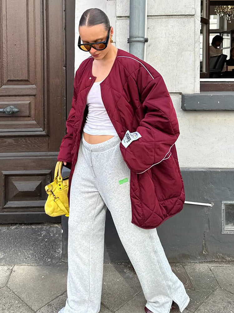 Damen Oversize-Steppjacke mit Diamantstepp, kontrastierender Paspel und Druckknopfverschluss Nord Taschen