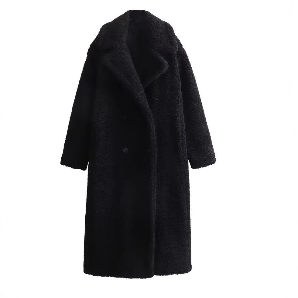 Damen 900+ langer Teddy‑Mantel im Oversize‑Cut mit Doppelreihe, Reverskragen und wärmender Innenfutter Nord Taschen